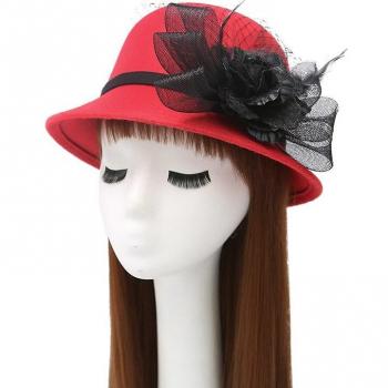 Classic Red Wool Felt Bowler Hat with Feather