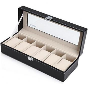 Box Orologi 6 Posti in Similpelle e Vero Vetro