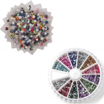 Rhinestone Gel Nail Decoration with Round Glitter Tips and 10 Sheets of Nail Stickers