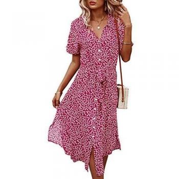 Jiraewh Damen Blumen Sommerkleid Knopf Kurzarm V-Ausschnitt Lose Knielang Kleid High Waist Midi-Hemdkleid Strandkleider Polka Dots Knopfkleid Langarmkleid