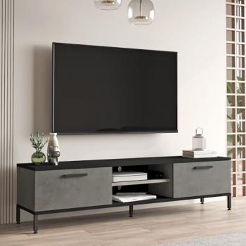Mobile Basso 'Lempl' Supporto TV con Passaggio Cavi Consolle con Sportelli a Ribalta - Effetto Cemento / Nero