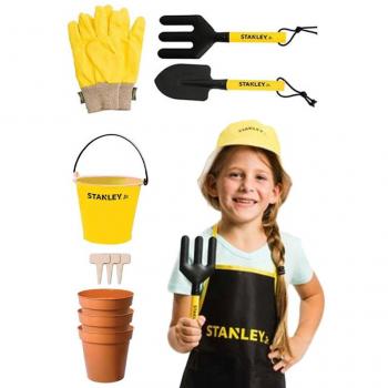 Stanley Barnträdgårdssats - metall - handskar, spade, kratta, hink, krukor och skyltar