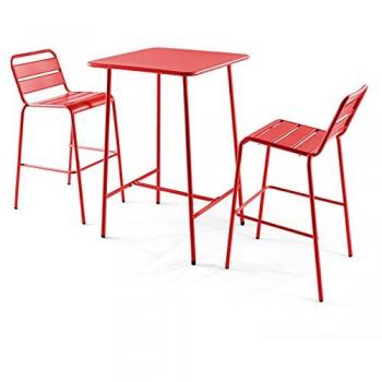 Ensemble table de bar et 2 chaises hautes en métal rouge - Palavas