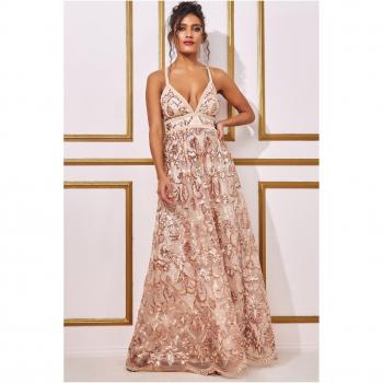 Goddiva Open Back Sequin & Mesh Maxi Dress - Champagne