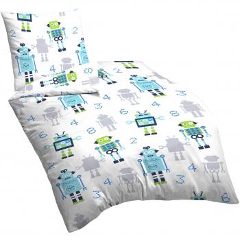 Biberna Kinderbettwäsche Soft Seersucker Ice Blue Robot, nach Öko-Tex Standard 100