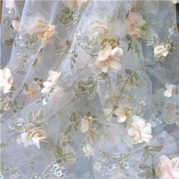 3D Flowers Organza Lace Fabric for Bridal Gown and Prom Dress