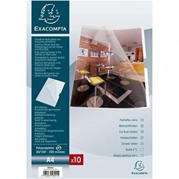Lot de 10 – Exacompta – Sachets de pochettes coin en PP lisse, rigide, haute qualité (20 × 100 mm) – format A4 – Cristal