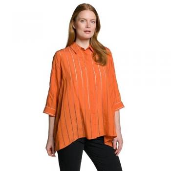 Blusa A-Linea Arancione a Righe con Colletto e Maniche a 3/4, Taglia 56/58, Viscosa/Fibre Sintetiche