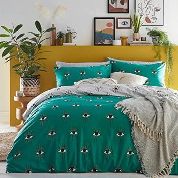 Furn. Theia Abstract Eye Duvet Cover Set - Green Cotton - Size King