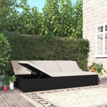 Convertible Black Poly Rattan Sun Lounger with Cushions