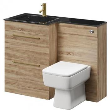 Venice Square Vanity Unit – Bordalino Oak 1100mm, Anthracite Glass, Single Tap Basin, Dual Drawers, Brushed Brass Handles