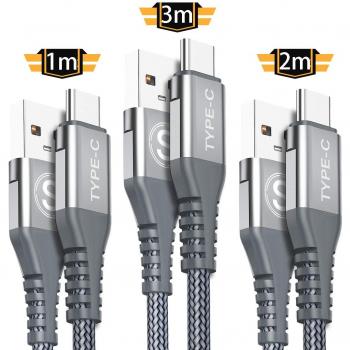 Sweguid USB Type C Charging Cable [3 Pieces 3M/2M/1M] Nylon Charging Cable for Samsung Galaxy S10 S9 S8 Plus, Note 9 8 A8S A5 A3 2017, LG G6 G7 G8 V