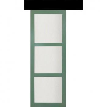 Porta scorrevole rivestita verde RAL 6021, vetri satinati H204xL83, binario in alluminio nero