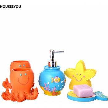 Marine Cartoon Resin Soap Dish and Toothbrush Holder Set - 5pcs