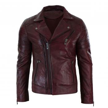Medium Burgundy Slim Cross‑Zip Leather Jacket