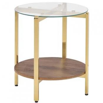 Moderner Beistelltisch mit Tempered Glass Tischplatte, Metallrahmen und 1 Regal aus dunklem Holz in Gold, Ø 50 cm Lovell