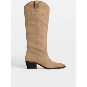 Stradivarius Cowboy Style Leather Boots in Taupe