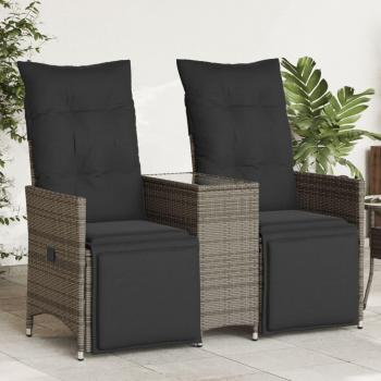 Reclining Garden Sofa Set 2-Seater with Table in Grey Poly Rattan