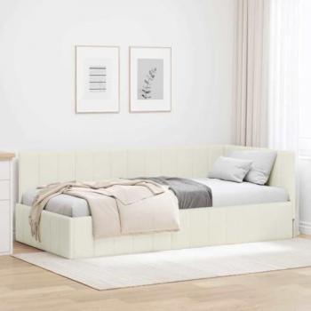 Lit d'angle avec tête de lit crème 90 x 190 cm en velours