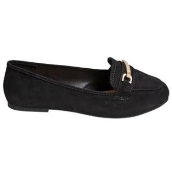 Black Extra Wide Faux Suede Buckle Loafers for Women