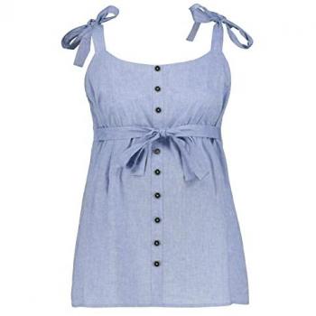 Top a camicetta plus size Bellieva in cotone e lino, senza maniche, blu, taglia 60/62