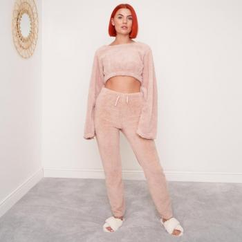OHS Teddy Fleece Long Sleeve Crop Top in Blush Pink for Women's Loungewear - Size Large