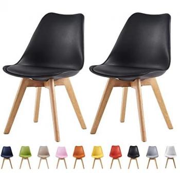 Elegant Black Dining Chair Duo - Wooden Legs & Cushioned Seats