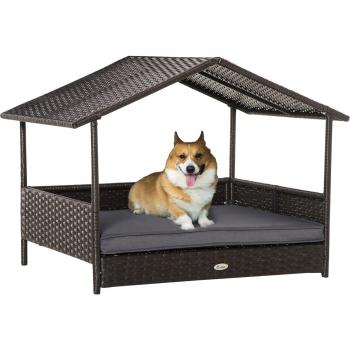 Wicker Dog House, Rattan Pet Bed with Soft Cushion - Grey
