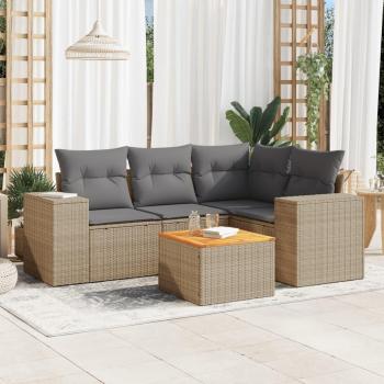 Salon de jardin en résine tressée beige avec coussins 5 pcs