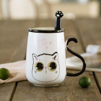 Set Tasses Porcelaine 500 ml – Chat 3D, Couvertures et Cuillères – Idéal Café/Thé/Lait pour la Saint‑Valentin