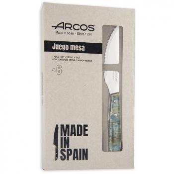 Cuchillo de chuletero Arcos, set de 6, hoja de acero inoxidable NITRUM, filo serrado, mango de madera comprimida, color azul