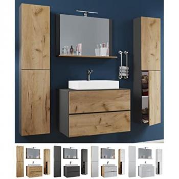 Arredo Bagno VCM Lavabo 5 Pz Lendas XL Cassetto (Rovere Miele) con Specchio e Porta Girevole