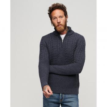 Superdry Herren Zopfstrickpullover mit halblangem Reißverschluss – Blau (S)