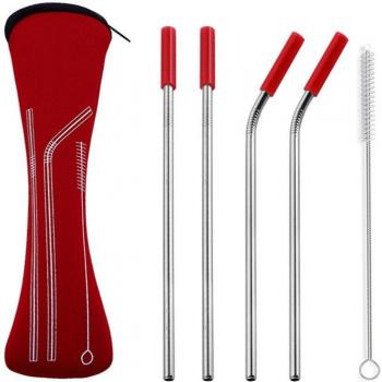 6-Piece Set of Reusable Stainless Steel Straws with Silicone Tips