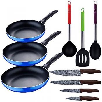 Sartén Set Azul Navy Paradise: 3 sartenes (16+20+24 cm) de aluminio prensado con inducción + 3 utensilios de cocina en nylon y 4 cuchillos de acero inoxidable