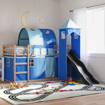 VIDAXL Letto A Castello Con Scivolo E Tende Blu 90x190 Cm