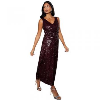 Wallis Womens Occasion Sequin Ruched Midaxi Dress - Wine - Size 10 UK