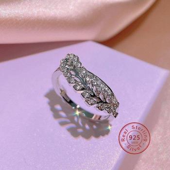 Anillo de plata 925 con diseño de pluma y piedra CZ, hecho a mano para mujer