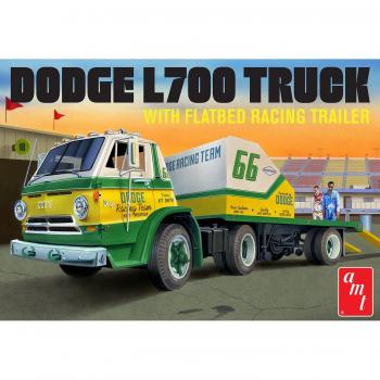 Skill 3 1966 Dodge L700 with Flatbed Racing Trailer 1:25 Scale Model by AMT