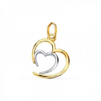 Colgante Oro Bicolor 18k Doble Corazón Calado Abierto Mujer 14mm