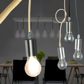 Lampada a sospensione stile industriale nichel opaco, cavo bianco, E27 60W, 140 cm di altezza