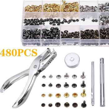 480pcs Double Cap Rivets Kit with Metal Fixing Tool and Punch Pliers