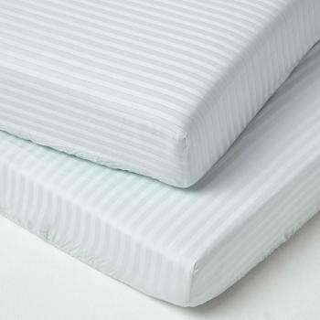 Blue Cotton Stripe Cot Bed Fitted Sheets 330 Thread Count, 2 Pack - Blue