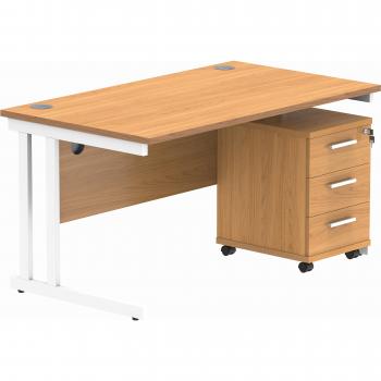 Elevated Dual Rectangular Workstation – 3 Drawer Mobile Ped 1400 × 800 Beech/White