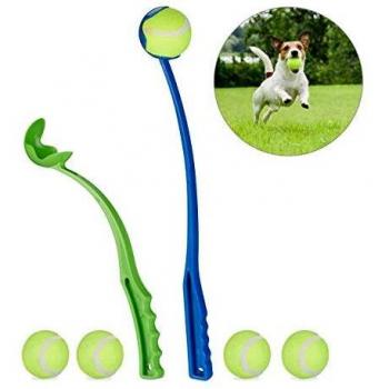Lanzador de pelotas canino, set de 2 con 5 pelotas, juguete para perros, plástico, azul y verde