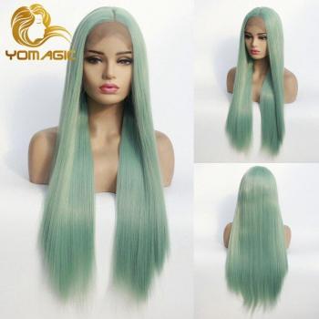 Peluca Yomagic de Color Verde Claro, Encaje Frontal, Pelo Largo de Seda Recta, Fibra Sintética Natural