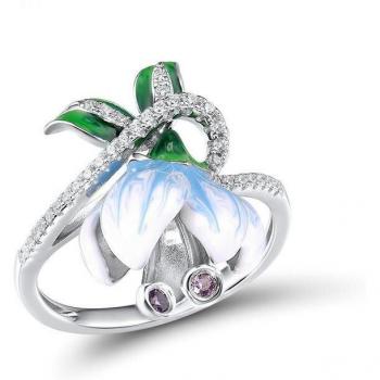 Bague Vintage Fleur en Zircon Émail Argent