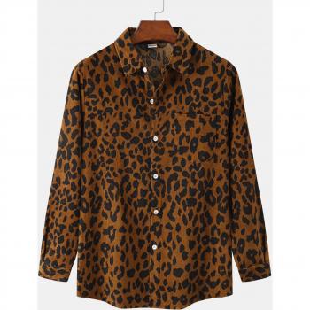 PARKLEES Men's Warm Leopard Print Corduroy Button-Up Casual Long Sleeve Shirt