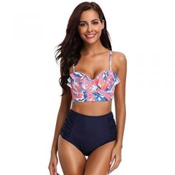 Traje de Baño SHEKINI para Mujer, Bikini con Top de Hoja de Loto y Shorts de Cintura Alta