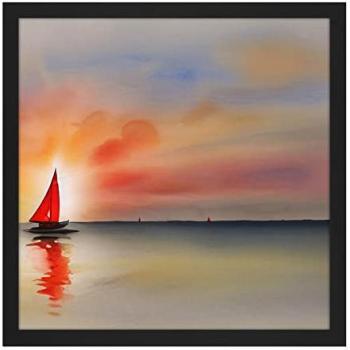 Calm Horizon: Crimson Sailboat in Sunset Waters – 16 Square Art Print